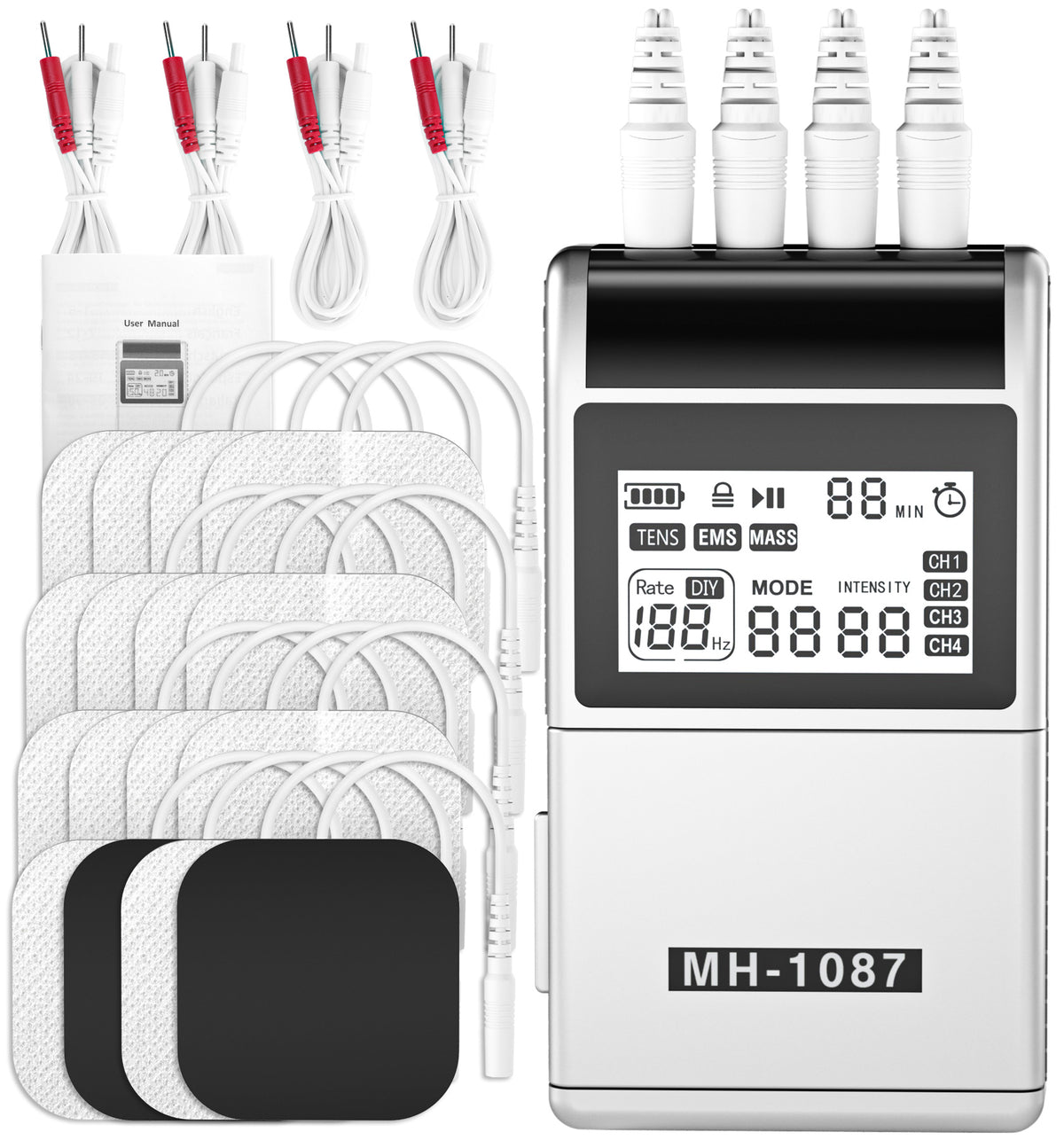 TENS EMS Muscle Stimulator Unit, 48 Modes 4 Outputs with 16 Electrode Pads (2"x2") for Pain Relief in Shoulder, Neck, Back & Sciatica, Electronic Pulse Massager for Physical Therapy