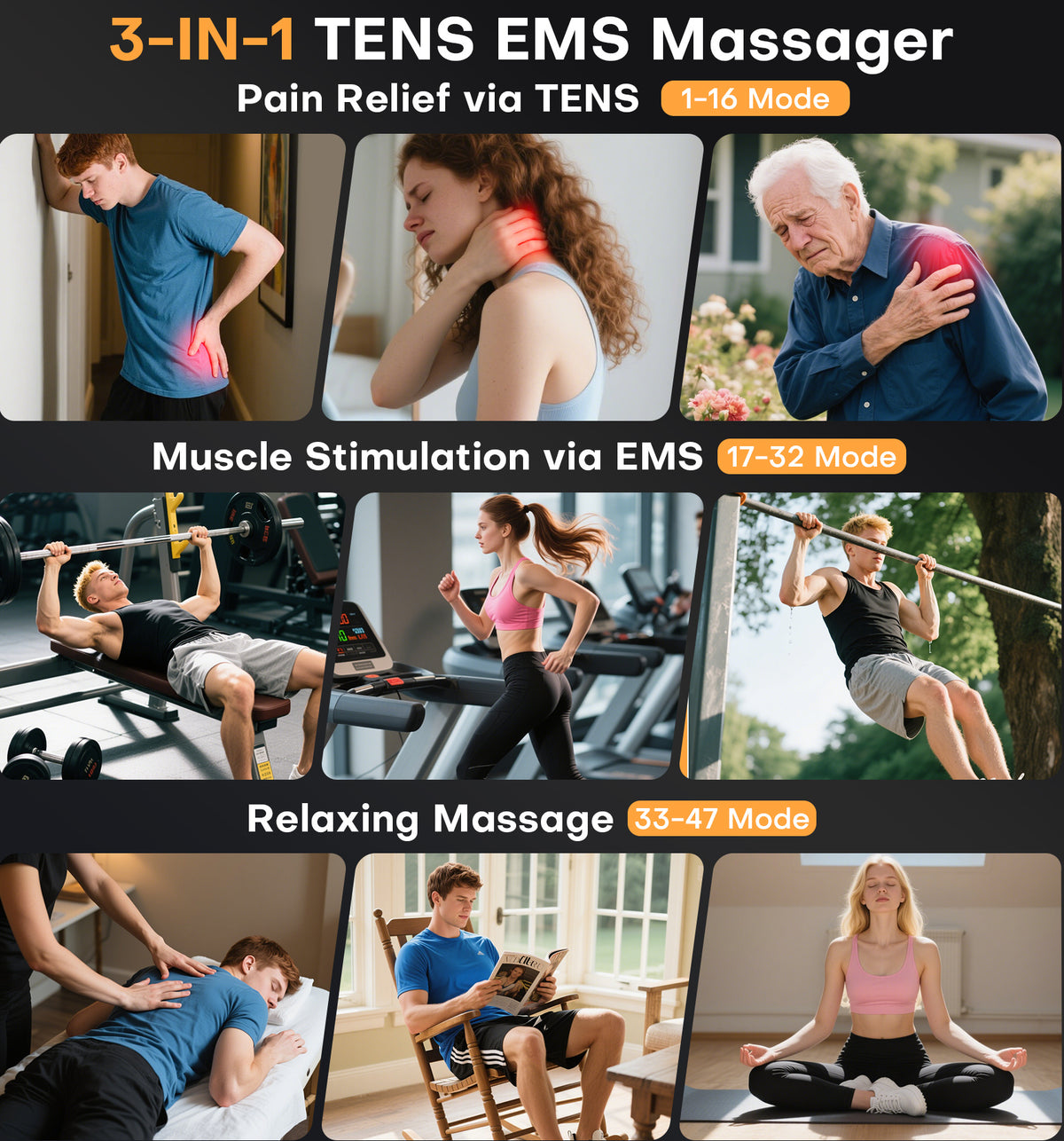 TENS EMS Muscle Stimulator Unit, 48 Modes 4 Outputs with 16 Electrode Pads (2"x2") for Pain Relief in Shoulder, Neck, Back & Sciatica, Electronic Pulse Massager for Physical Therapy