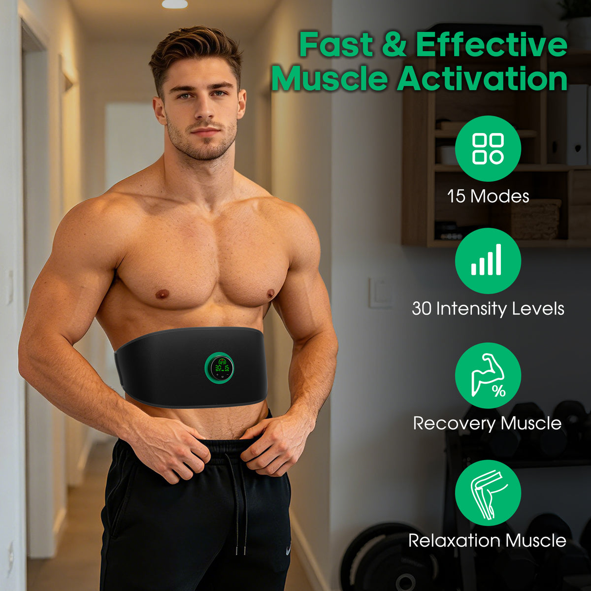 Abs Stimulator Muscle Toner, with Extension Strap, Powered EMS Muscle Stimulator for Home Use, for Muscle Conditioning (Single Belt)