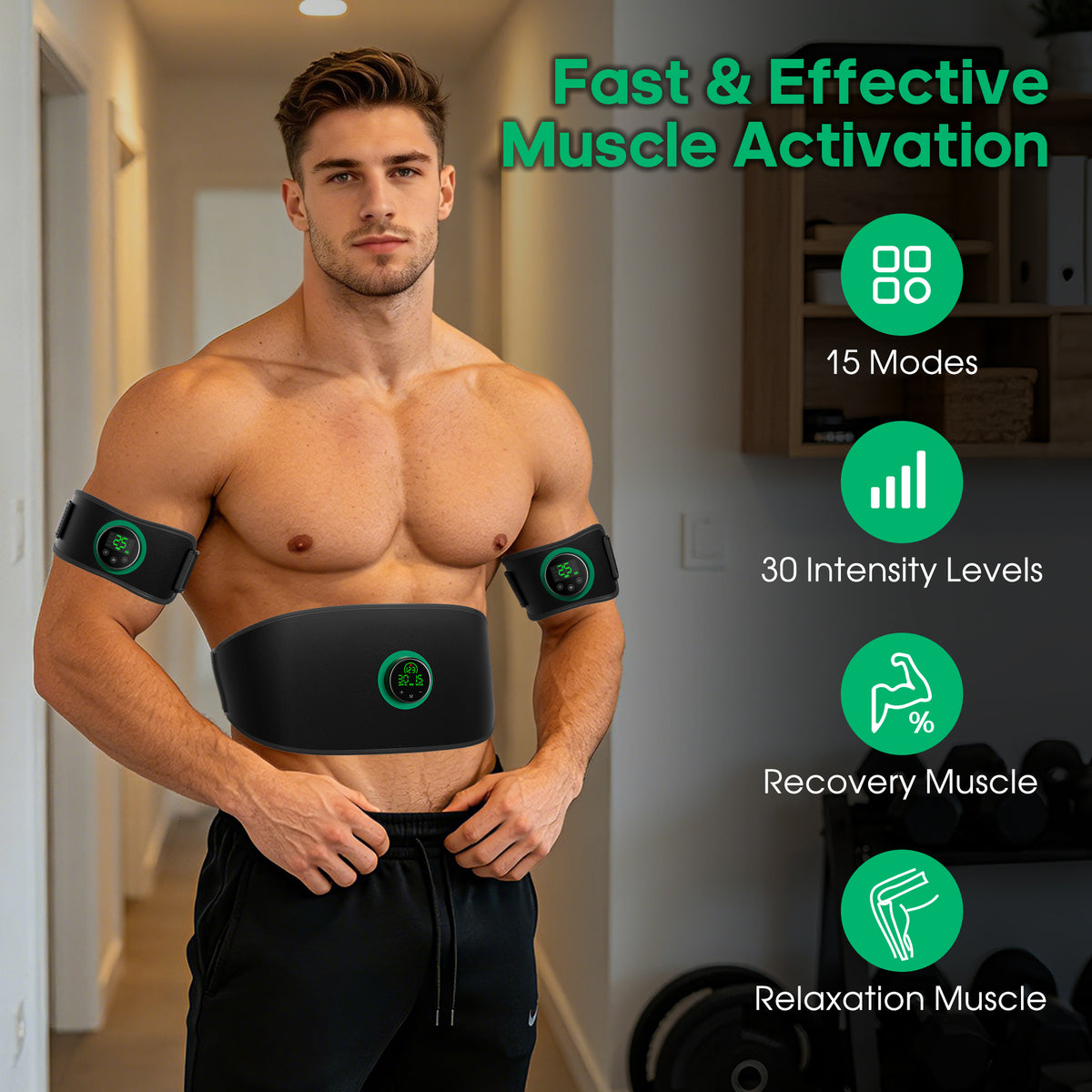 Abs Stimulator Muscle Toner, Powered EMS Muscle Stimulator for Home Use, for Muscle Conditioning (Belts with Armbands)