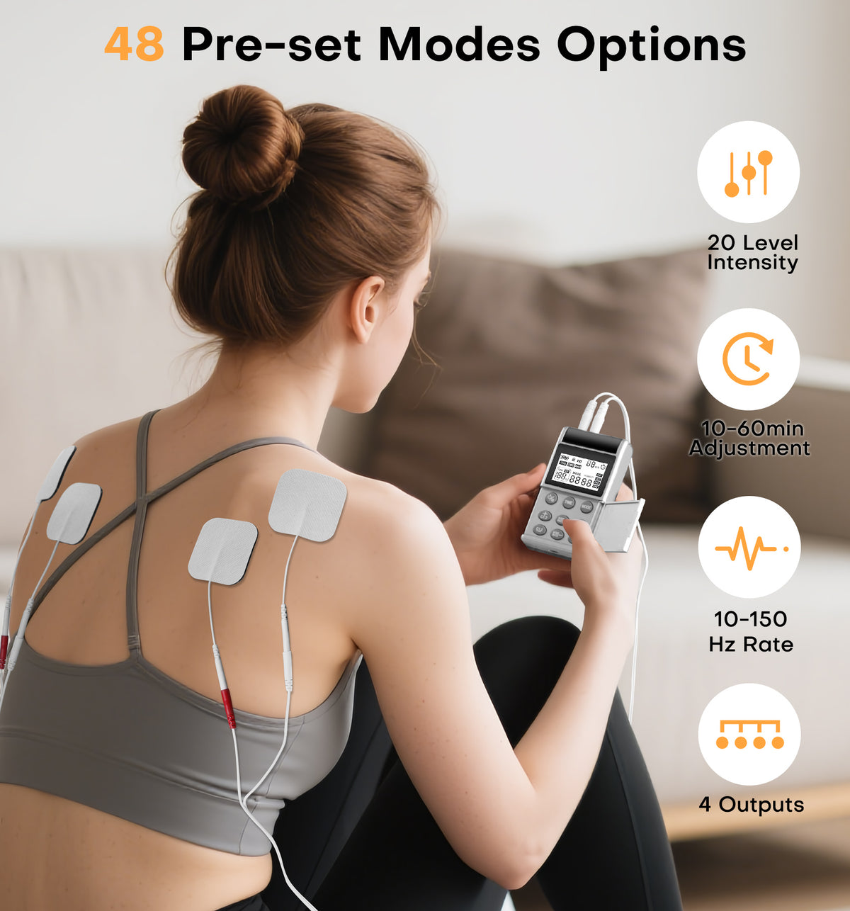 TENS EMS Muscle Stimulator Unit, 48 Modes 4 Outputs with 16 Electrode Pads (2"x2") for Pain Relief in Shoulder, Neck, Back & Sciatica, Electronic Pulse Massager for Physical Therapy
