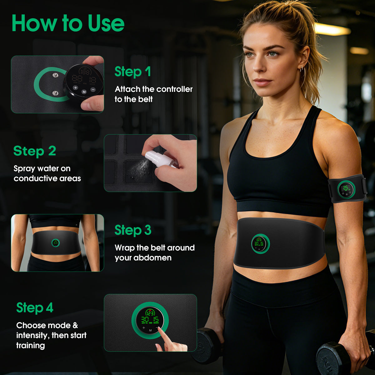 Abs Stimulator Muscle Toner, Powered EMS Muscle Stimulator for Home Use, for Muscle Conditioning (Belts with Armbands)