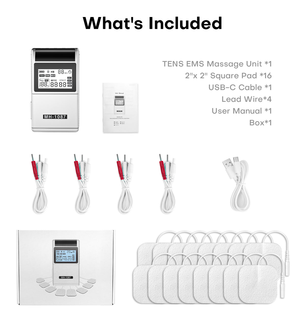 TENS EMS Muscle Stimulator Unit, 48 Modes 4 Outputs with 16 Electrode Pads (2"x2") for Pain Relief in Shoulder, Neck, Back & Sciatica, Electronic Pulse Massager for Physical Therapy