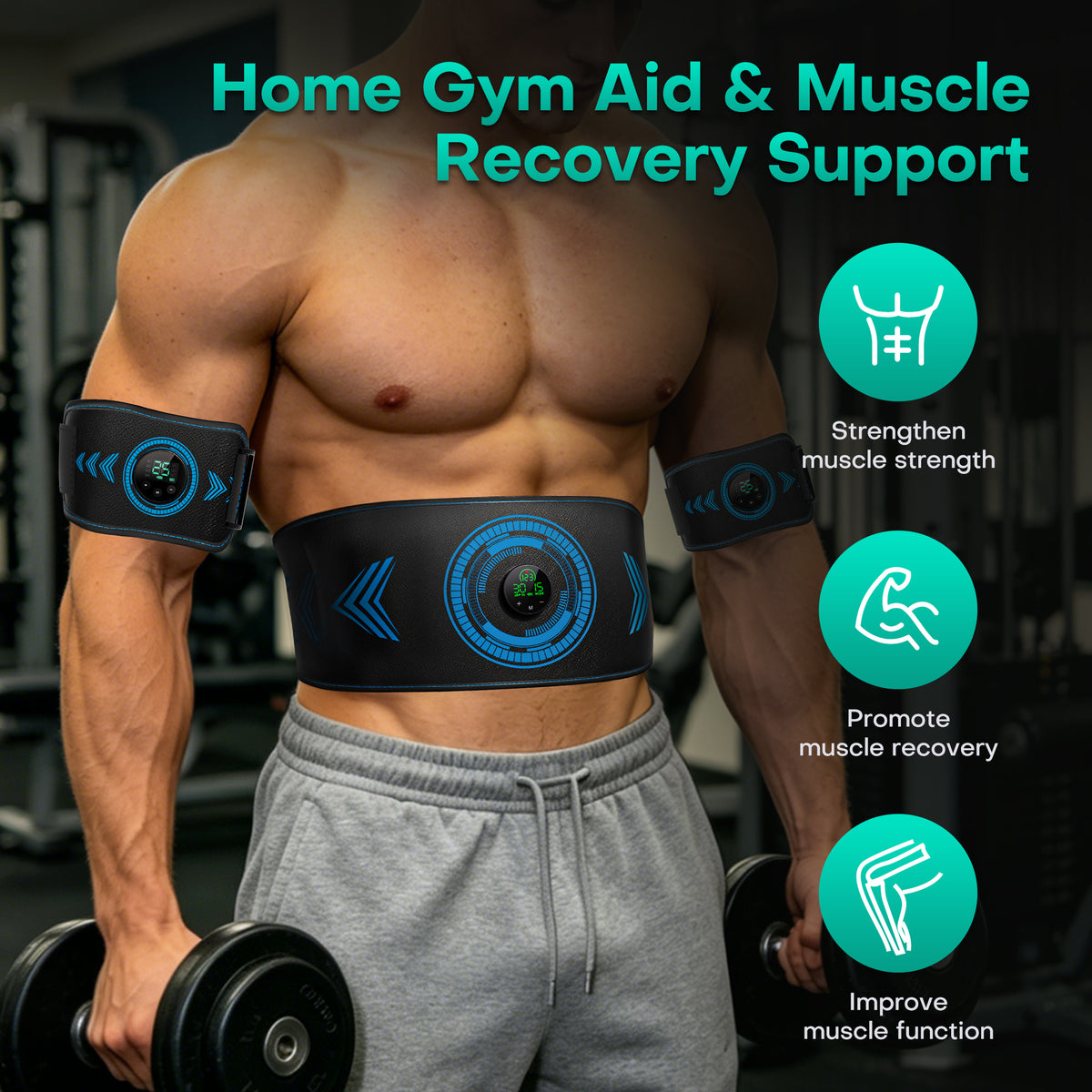 Abs Stimulator Muscle Toner, Powered EMS Muscle Stimulator for Home Use, for Muscle Conditioning (Belts with Armbands)